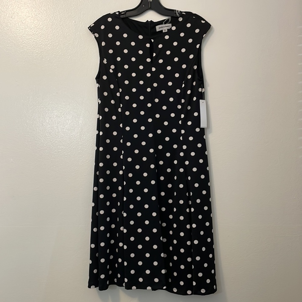 Shelby & Palmer XL black w/ white dots long dress zipper back keyhole neck